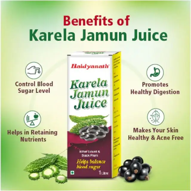 Baidyanath Karela Jamun Juice 1-Liter Pack Pure Herbal Supplements Plant Extracts from India Healthcare Supplements