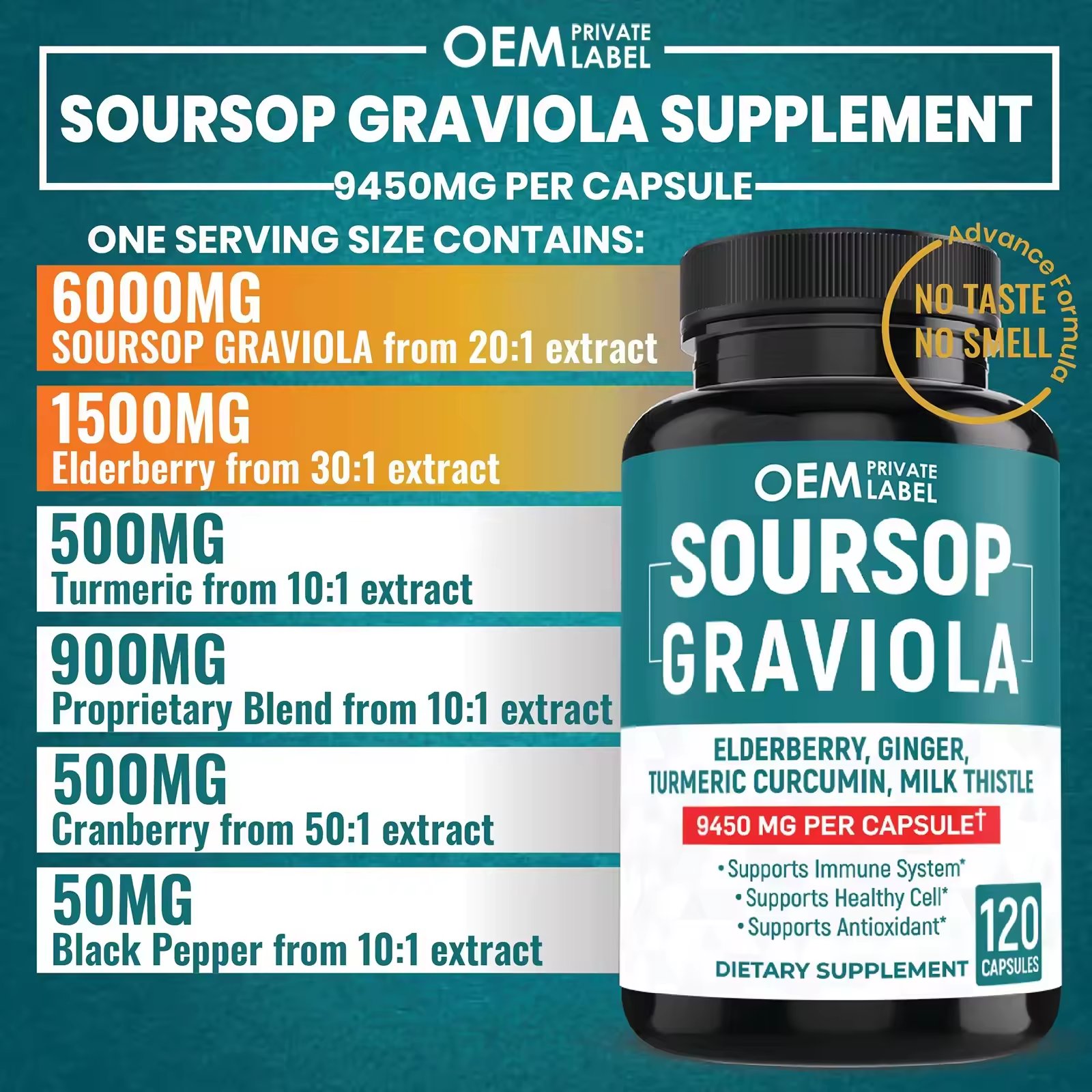 Custom Immune Booster Supplement Soupsop Graviola Capsule with Elderberry Turmeric Cranberry Milk Thistle Capsules Vitamins 2.5g