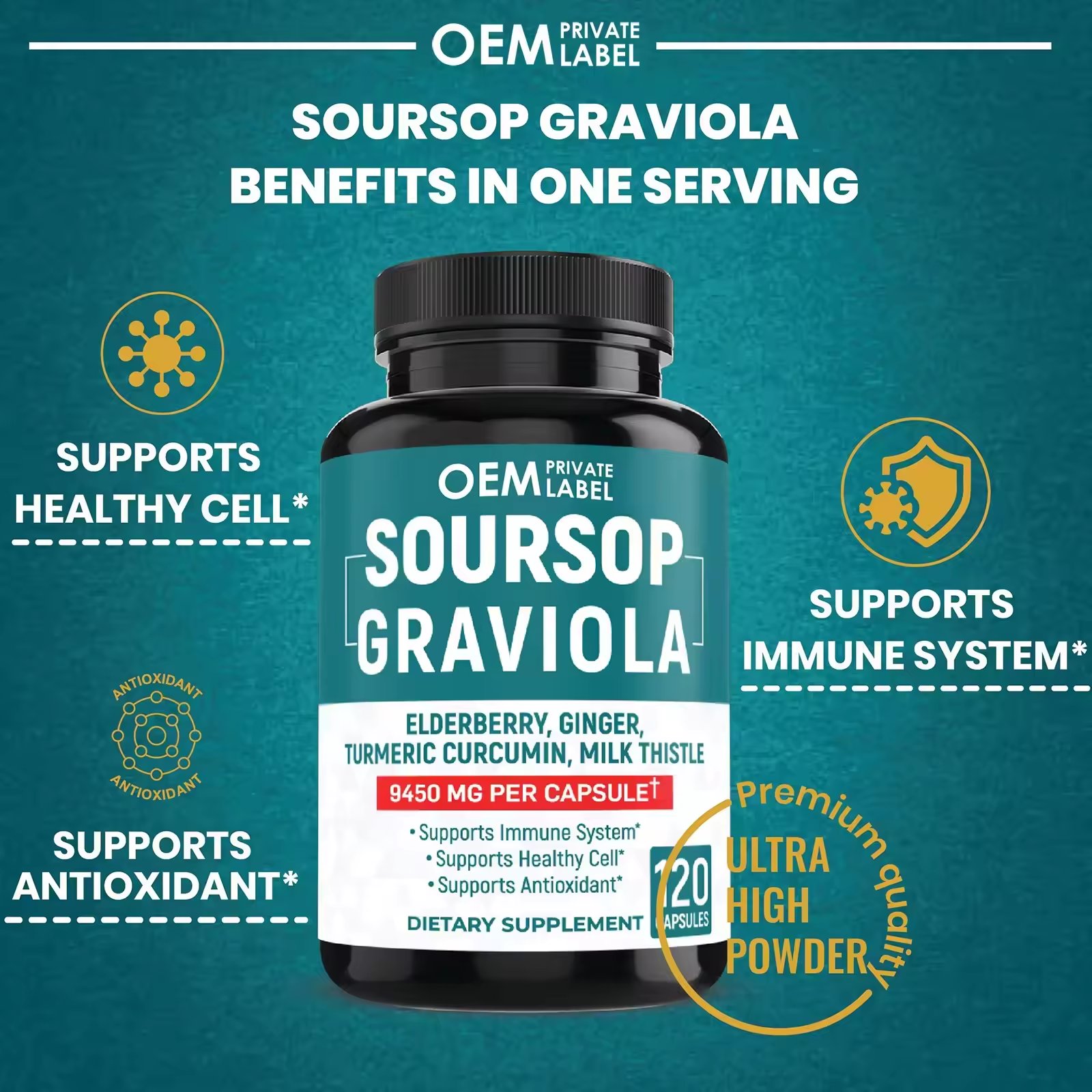 Custom Immune Booster Supplement Soupsop Graviola Capsule with Elderberry Turmeric Cranberry Milk Thistle Capsules Vitamins 2.5g