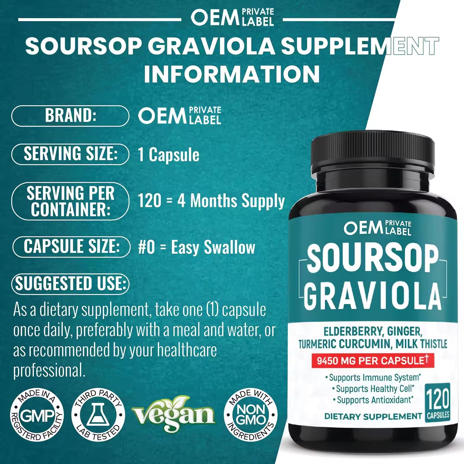 Custom Immune Booster Supplement Soupsop Graviola Capsule with Elderberry Turmeric Cranberry Milk Thistle Capsules Vitamins 2.5g