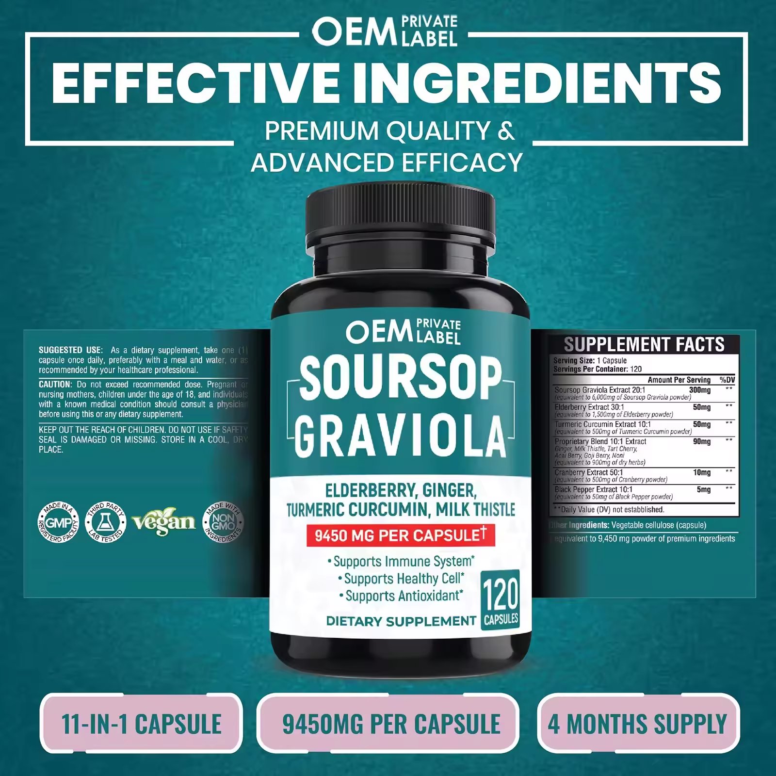 Custom Immune Booster Supplement Soupsop Graviola Capsule with Elderberry Turmeric Cranberry Milk Thistle Capsules Vitamins 2.5g