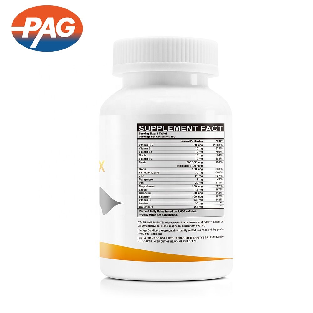 Wholesale 180 Tabs per Bottle Vitamin C Choline Bioperine Healthcare Supplement B-Complex Mineral Vitamin B Complex Tablets