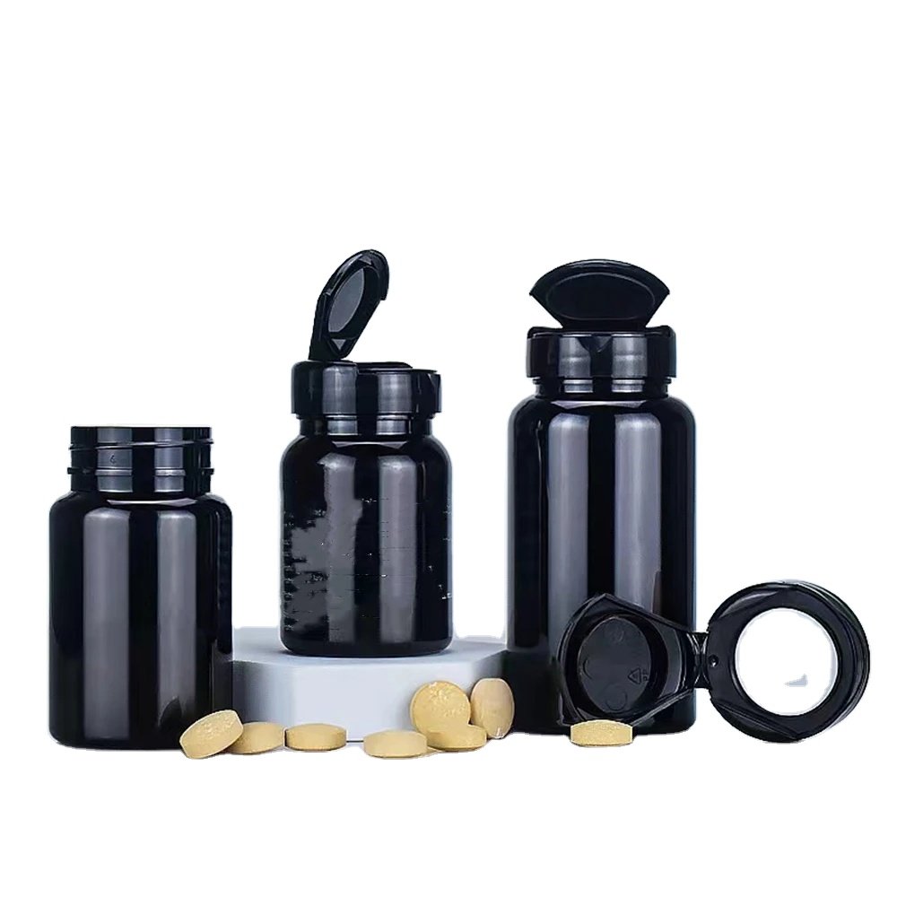 Wholesale cheap 100ml 120ml 150ml 200ml OEM white black clear wide mouth vitamin tablet capsule PET plastic medicine bottle