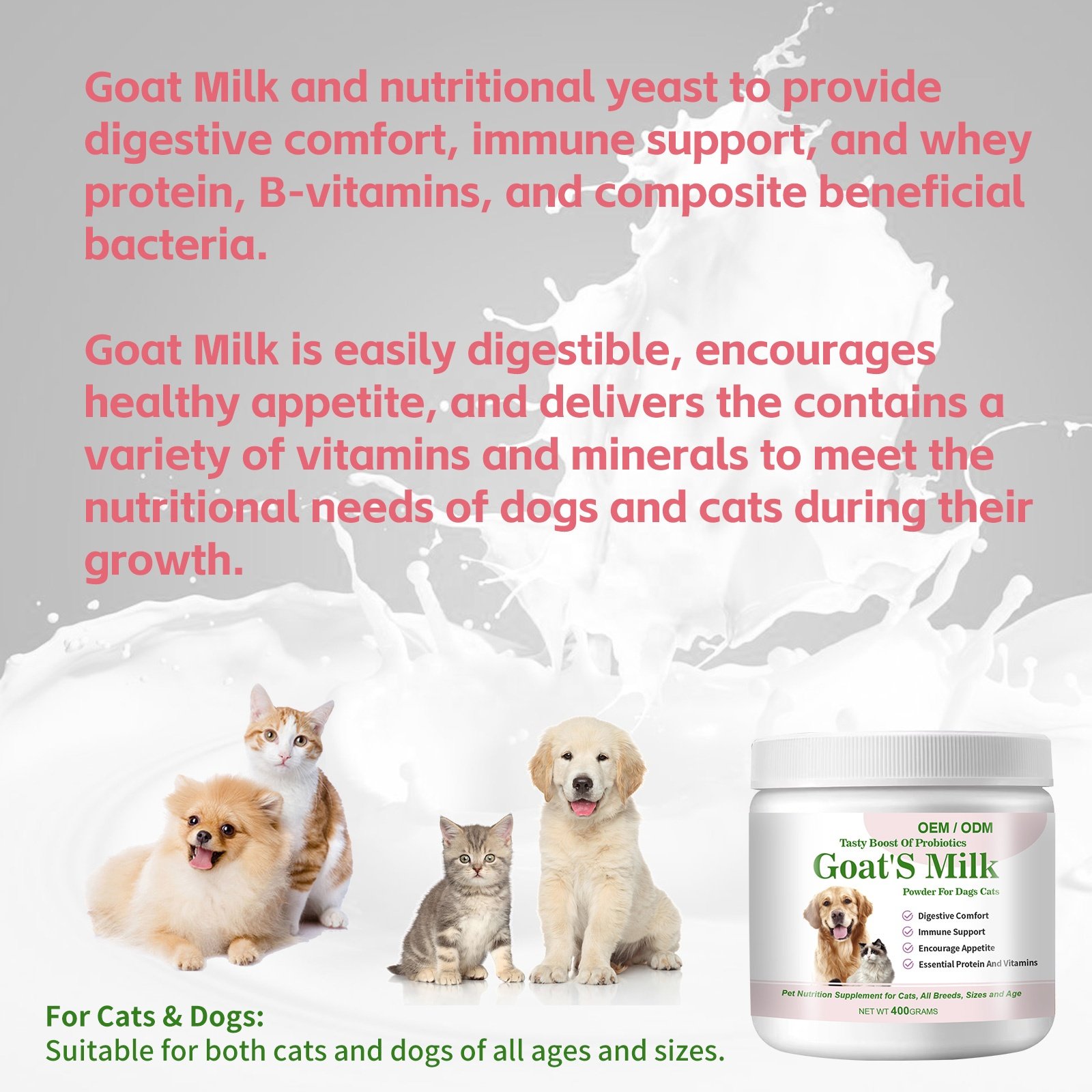 OEM/ODM 1 KG Pet Nutritional Supplements Goat's Milk Powder with Probiotics for Dogs Cats Kitten