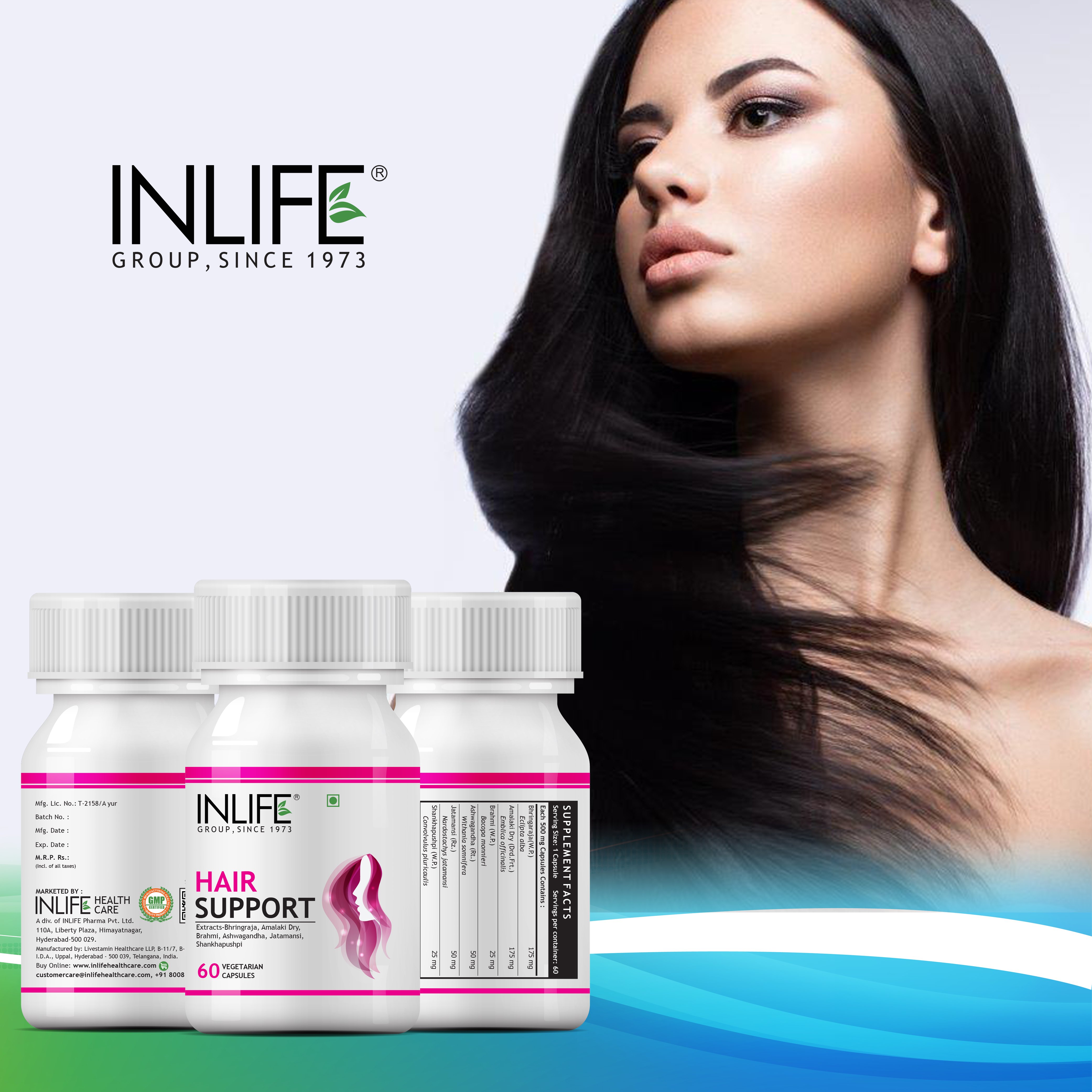 INLIFE Hair Support Supplement, Bhringraj, Brahmi, Ashwagandha and other Ayurvedic Herbs 500 mg - 60 Vegetarian Capsules