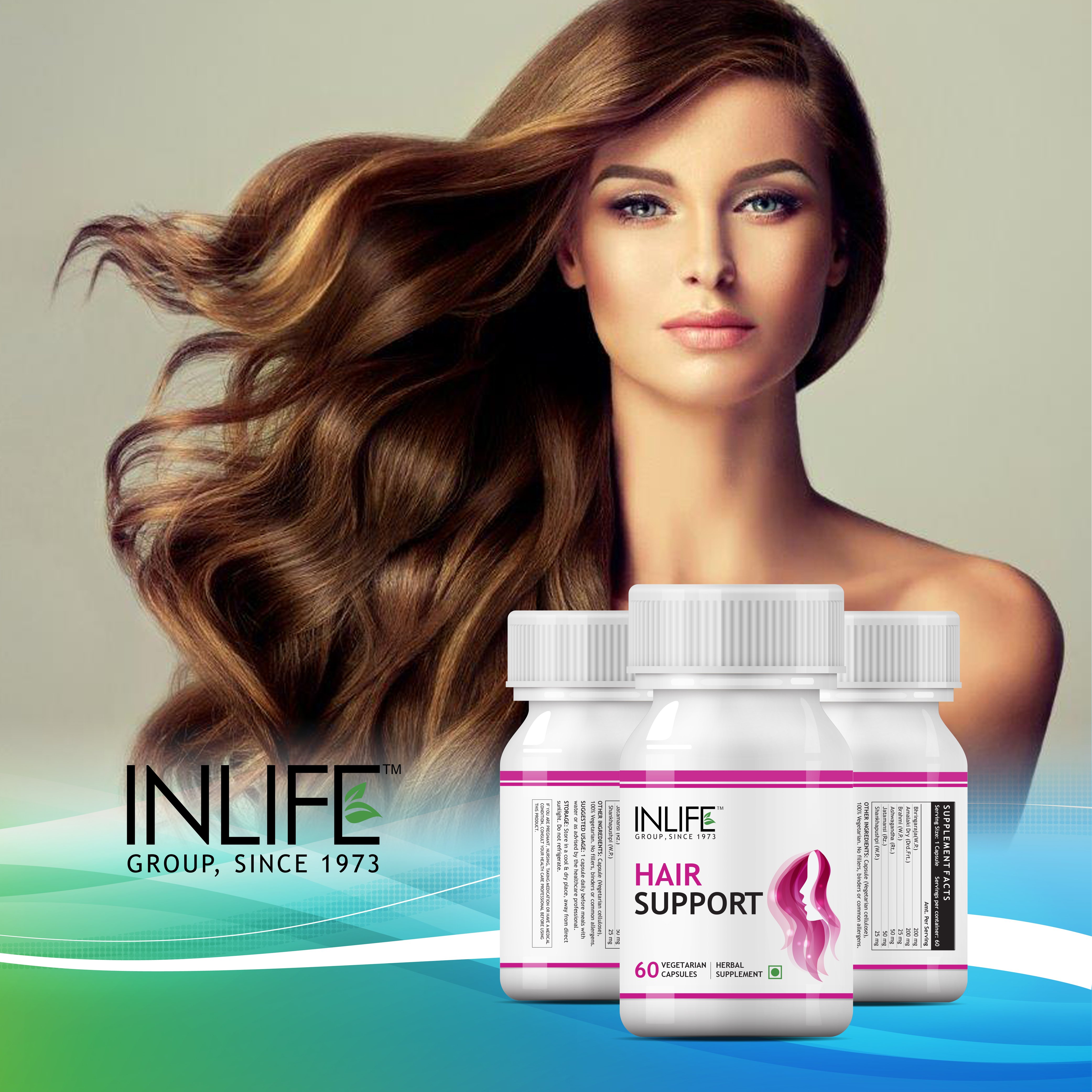 INLIFE Hair Support Supplement, Bhringraj, Brahmi, Ashwagandha and other Ayurvedic Herbs 500 mg - 60 Vegetarian Capsules
