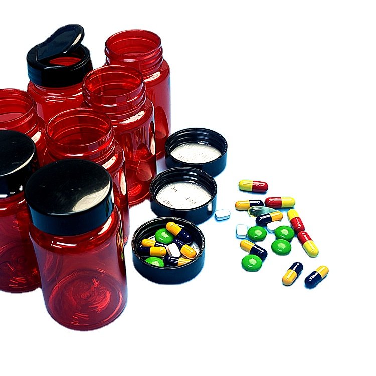 Hot selling100ml 120ml 150ml red PET pharmaceutical plastic medicine vitamin tablet capsule pill healthcare medicine bottles