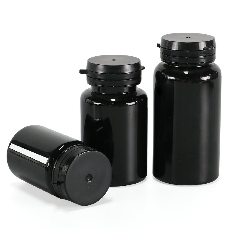 Hot selling Black PET bottle empty plastic vitamin packaging bottle for healthcare supplement with tear off caps