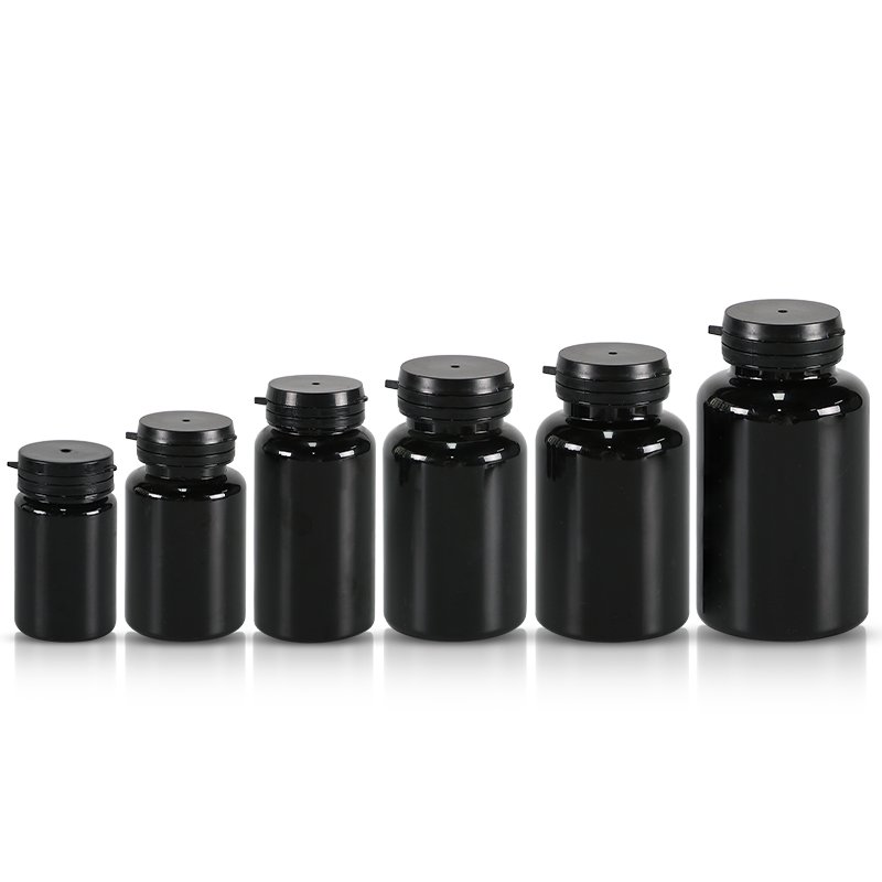 Hot selling Black PET bottle empty plastic vitamin packaging bottle for healthcare supplement with tear off caps