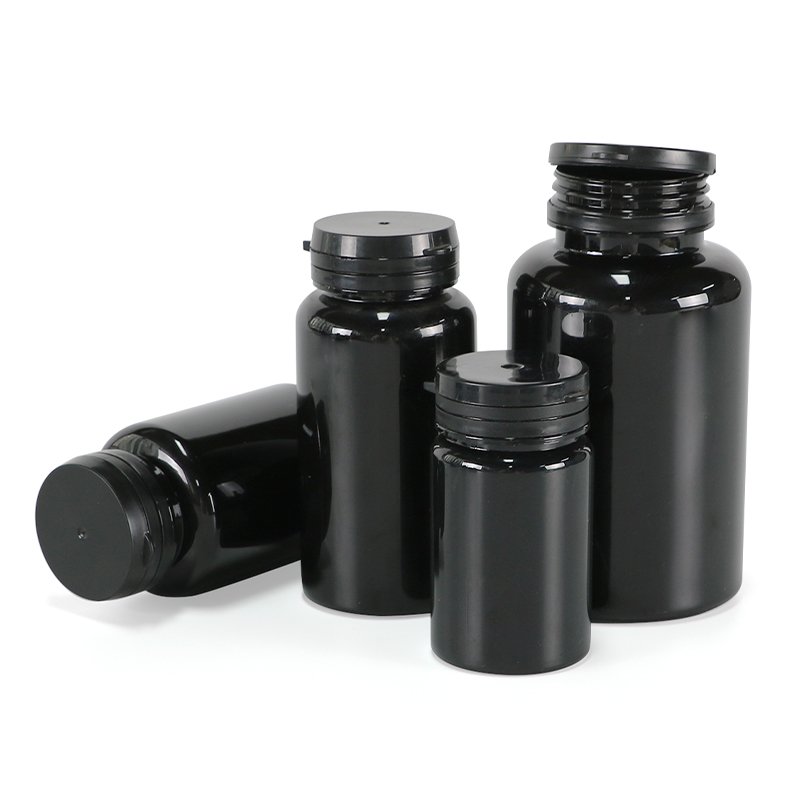 Hot selling Black PET bottle empty plastic vitamin packaging bottle for healthcare supplement with tear off caps