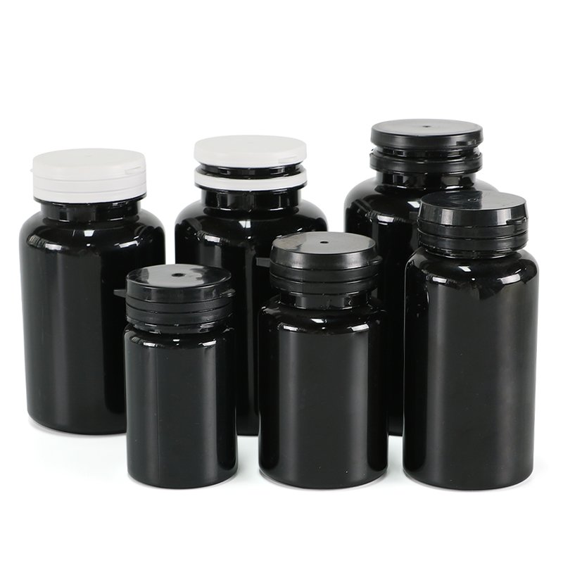 Hot selling Black PET bottle empty plastic vitamin packaging bottle for healthcare supplement with tear off caps