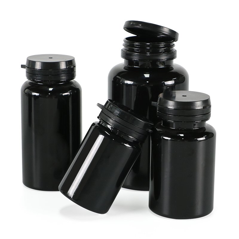 Hot selling Black PET bottle empty plastic vitamin packaging bottle for healthcare supplement with tear off caps