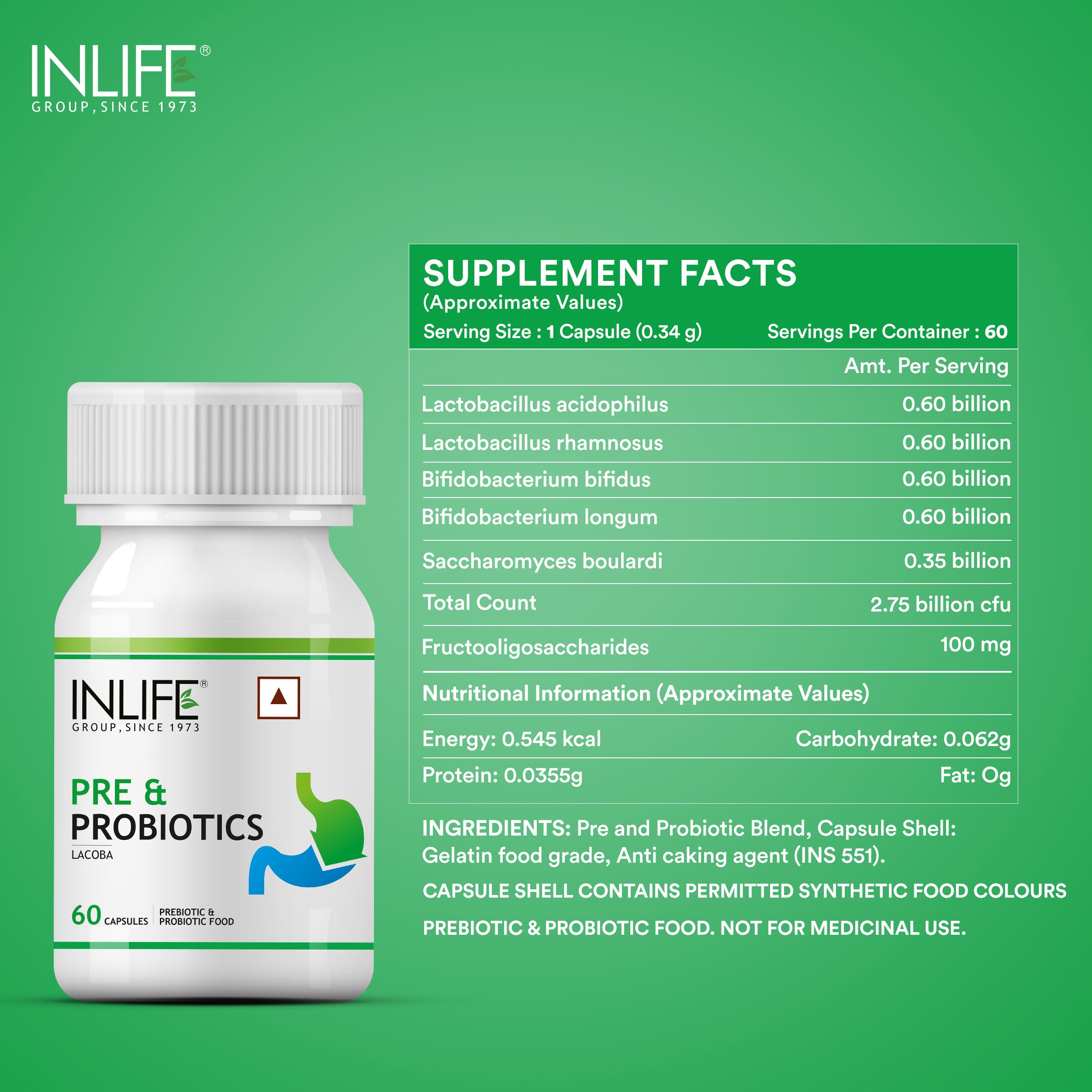 INLIFE Prebiotics and Probiotics Supplement for Men Women - 60 Capsules Healthcare Supplement
