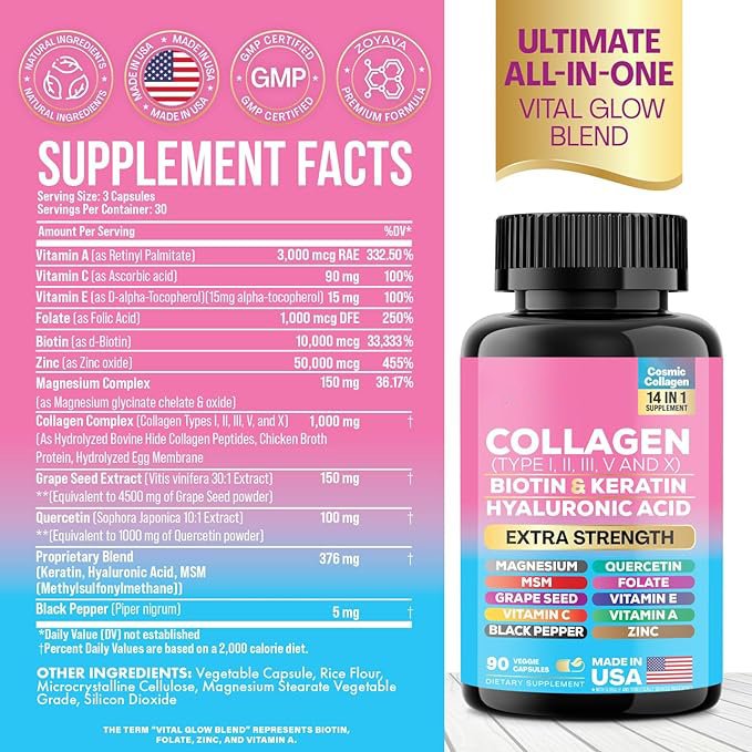 Private Label Collagen Capsule Peptides Types I, II, III, V & X with Hyaluronic Acid 90 Capsule for Skin Care Supplement