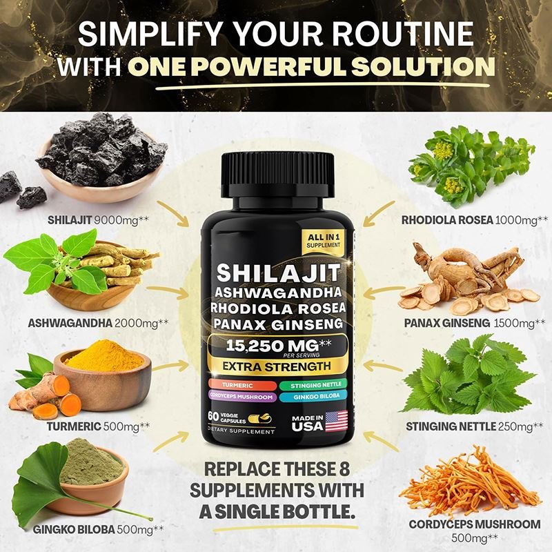 Hotselling Healthcare Supplement Organic Himalayan SHILAJIT ASHWAGANDHA RHODIOLA ROSEA PANAX GINSENG 8 in 1