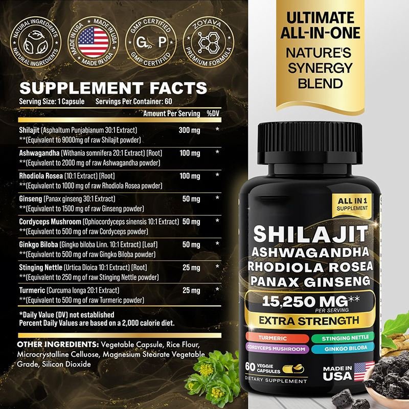 Hotselling Healthcare Supplement Organic Himalayan SHILAJIT ASHWAGANDHA RHODIOLA ROSEA PANAX GINSENG 8 in 1