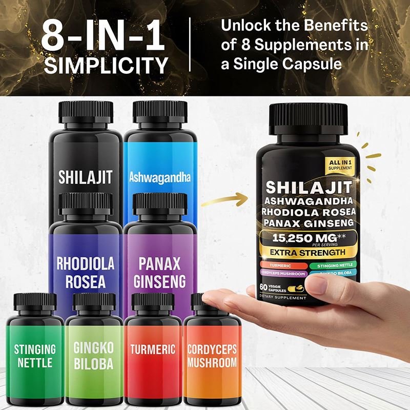 Hotselling Healthcare Supplement Organic Himalayan SHILAJIT ASHWAGANDHA RHODIOLA ROSEA PANAX GINSENG 8 in 1