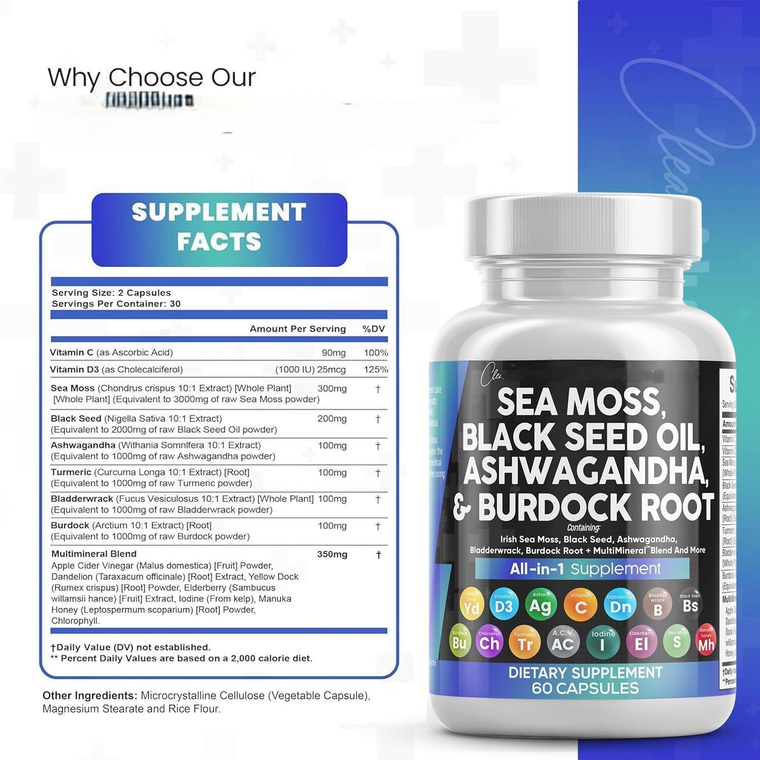 All in 1 Supplement Complex Capsules Sea Moss Black Seed Oil Ashwagandha & Burdock Root