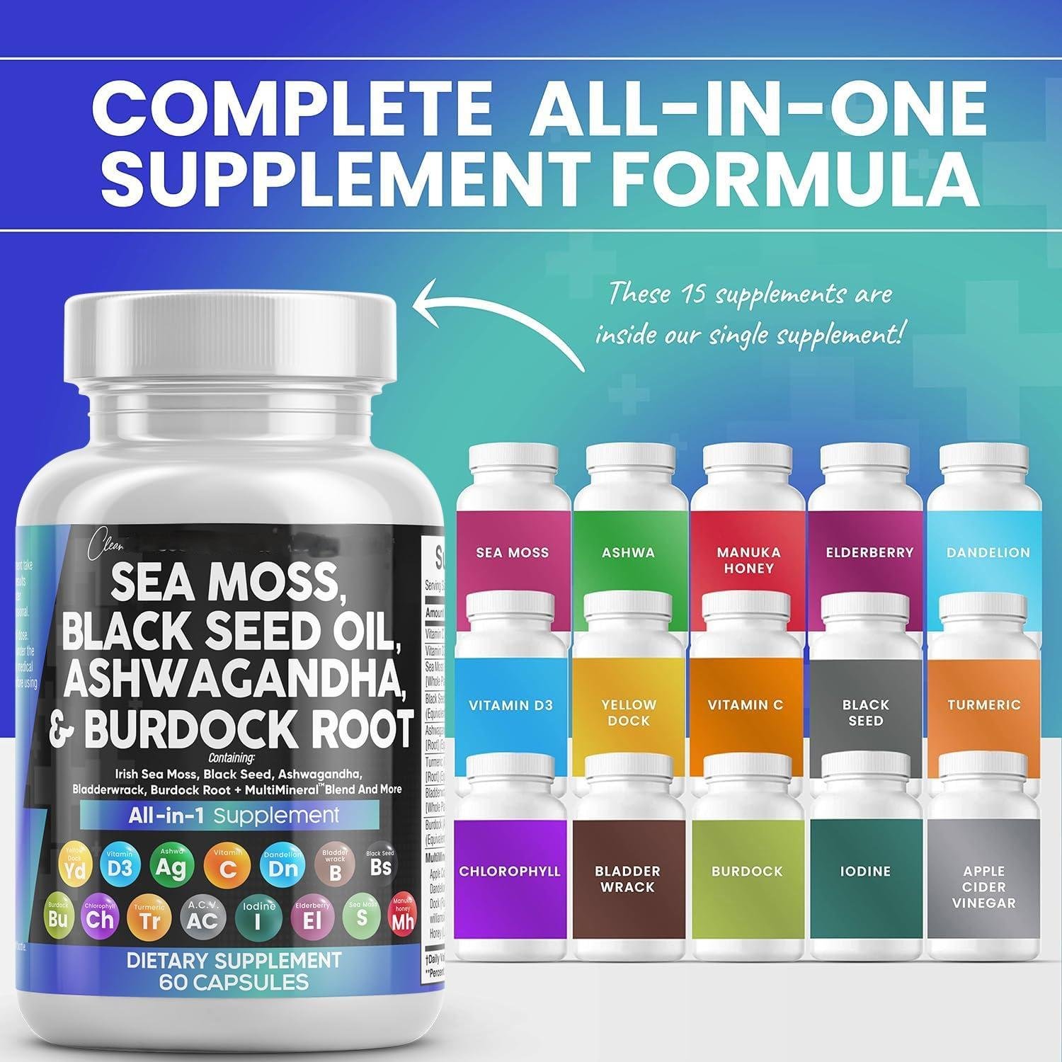 All in 1 Supplement Complex Capsules Sea Moss Black Seed Oil Ashwagandha & Burdock Root