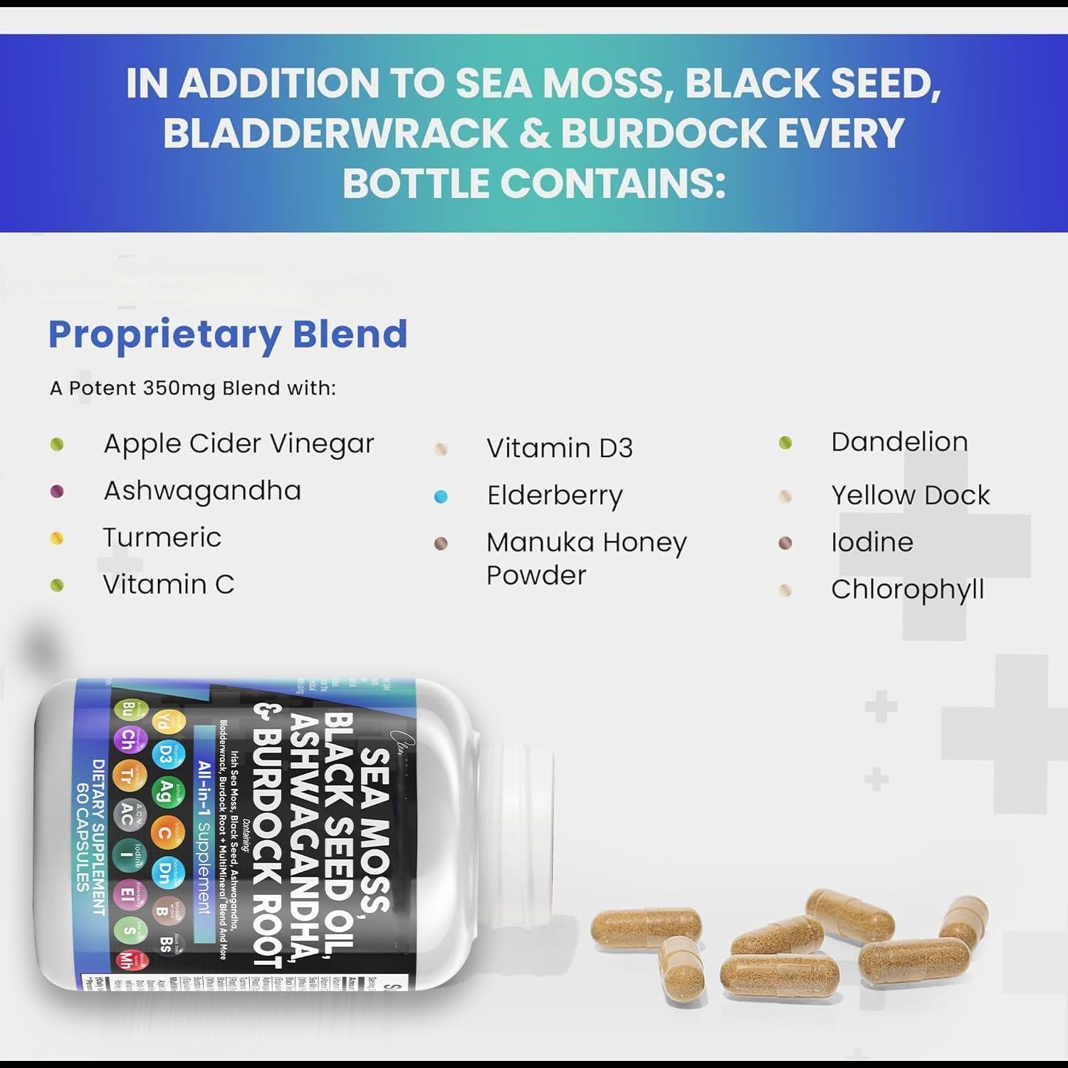 All in 1 Supplement Complex Capsules Sea Moss Black Seed Oil Ashwagandha & Burdock Root