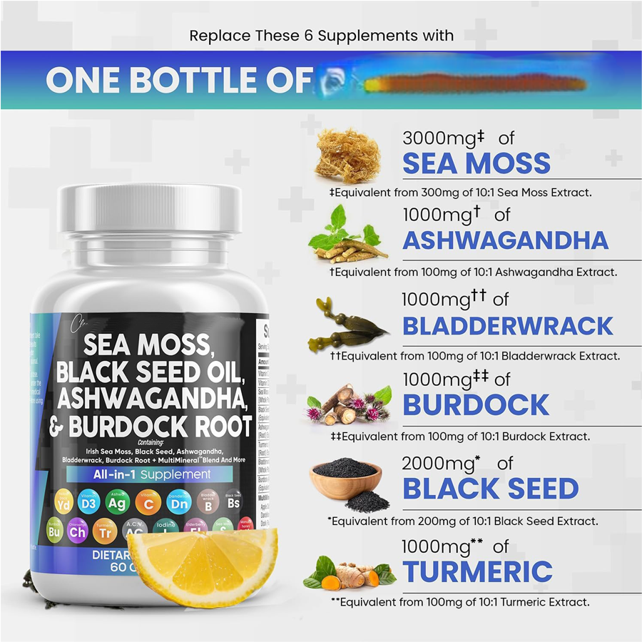 All in 1 Supplement Complex Capsules Sea Moss Black Seed Oil Ashwagandha & Burdock Root