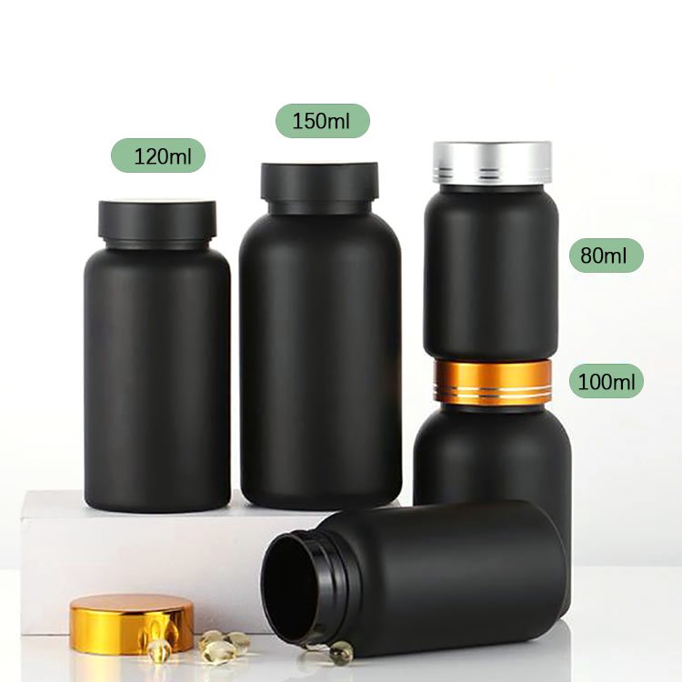 Wholesale 80ml 100ml 120ml 150ml Healthcare Black Medicine Bottle Empty Supplement Capsule Bottle with Black Lid