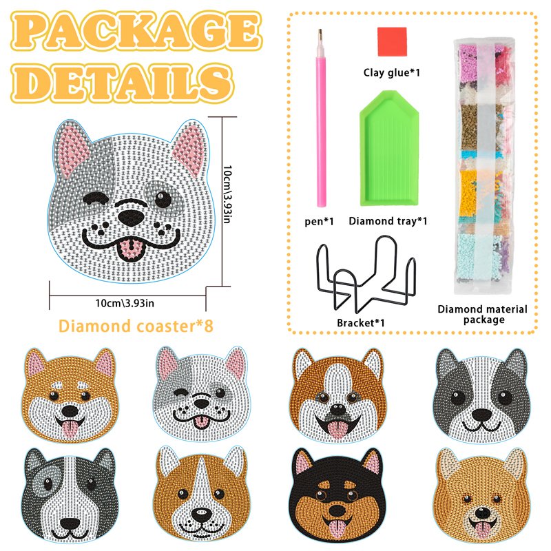 DIY Diamond Painting Coasters Kit Cartoon Dogs Round Diamonds Art Acrylic Coaster with Holder Cup Mat
