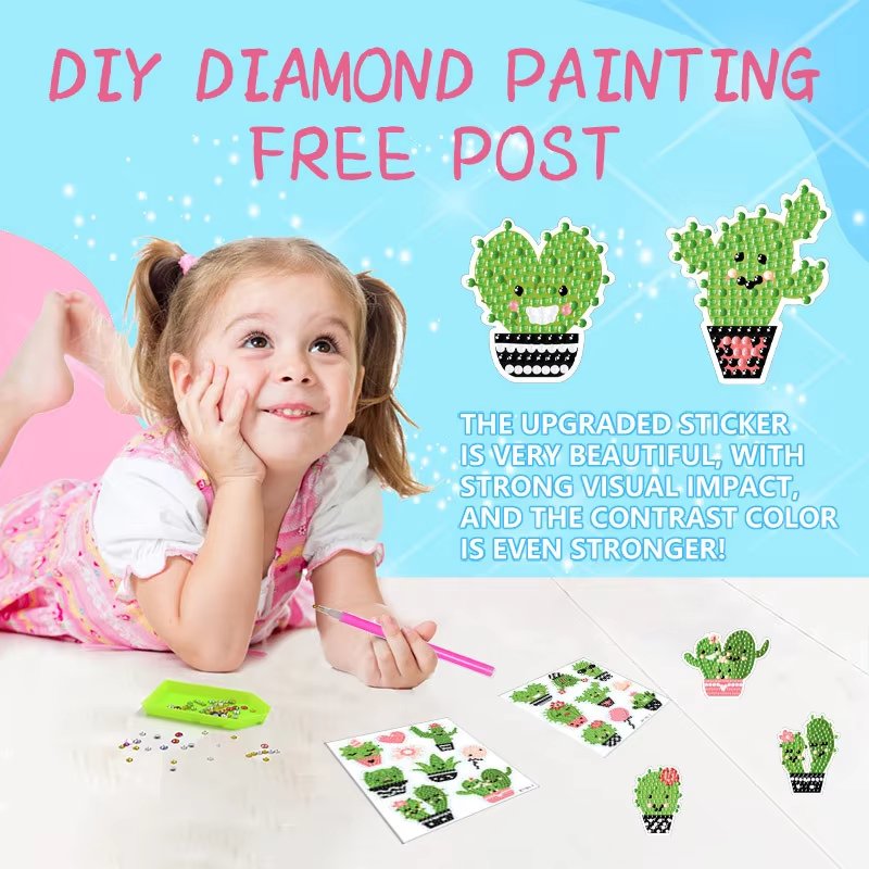 DIY Diamond Painting Sticker Kits for Kids Cute Cactus Pot 5d Stickers Diamond Art Round Drills Sticker Diamond Painting