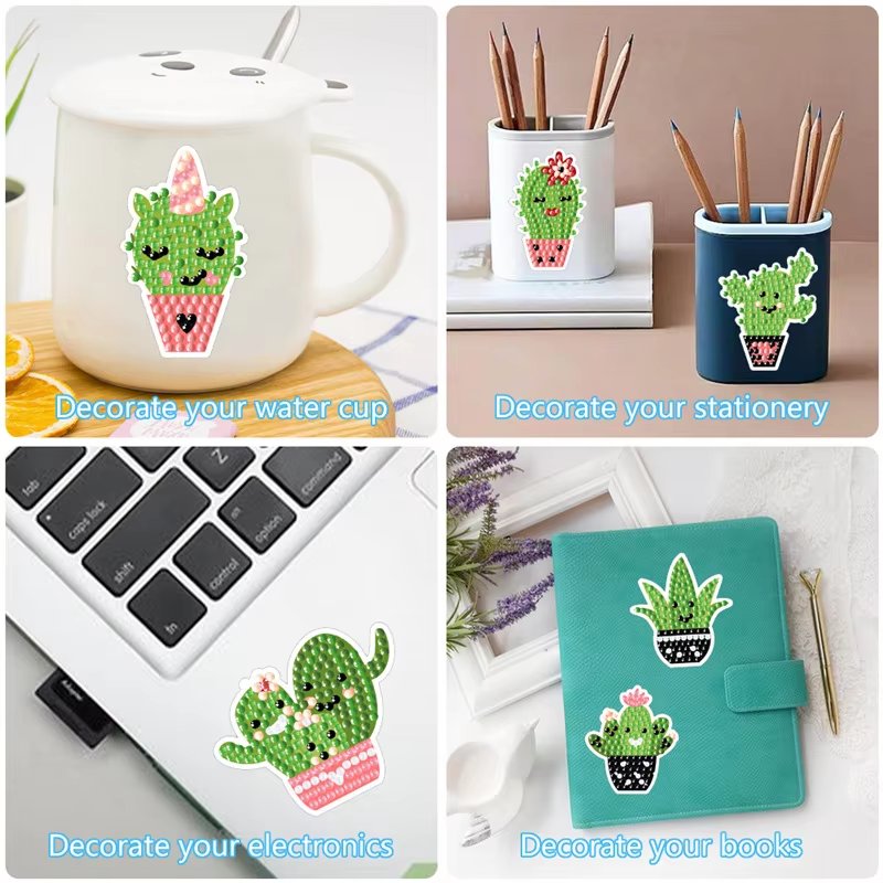 DIY Diamond Painting Sticker Kits for Kids Cute Cactus Pot 5d Stickers Diamond Art Round Drills Sticker Diamond Painting