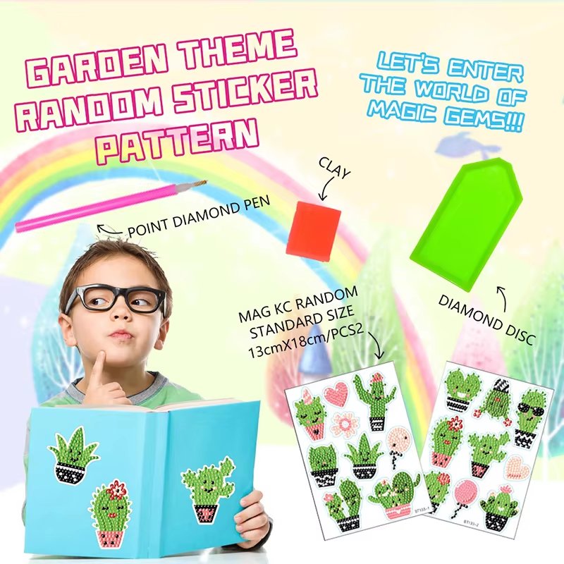 DIY Diamond Painting Sticker Kits for Kids Cute Cactus Pot 5d Stickers Diamond Art Round Drills Sticker Diamond Painting