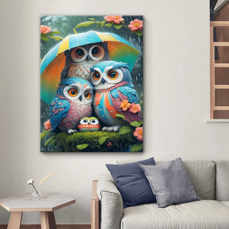 High Quality Diy Diamond Painting Custom Resin Owls with Umbrella, Rainy Cute Pattern Full Drill 5d Diamond Painting Home Decor