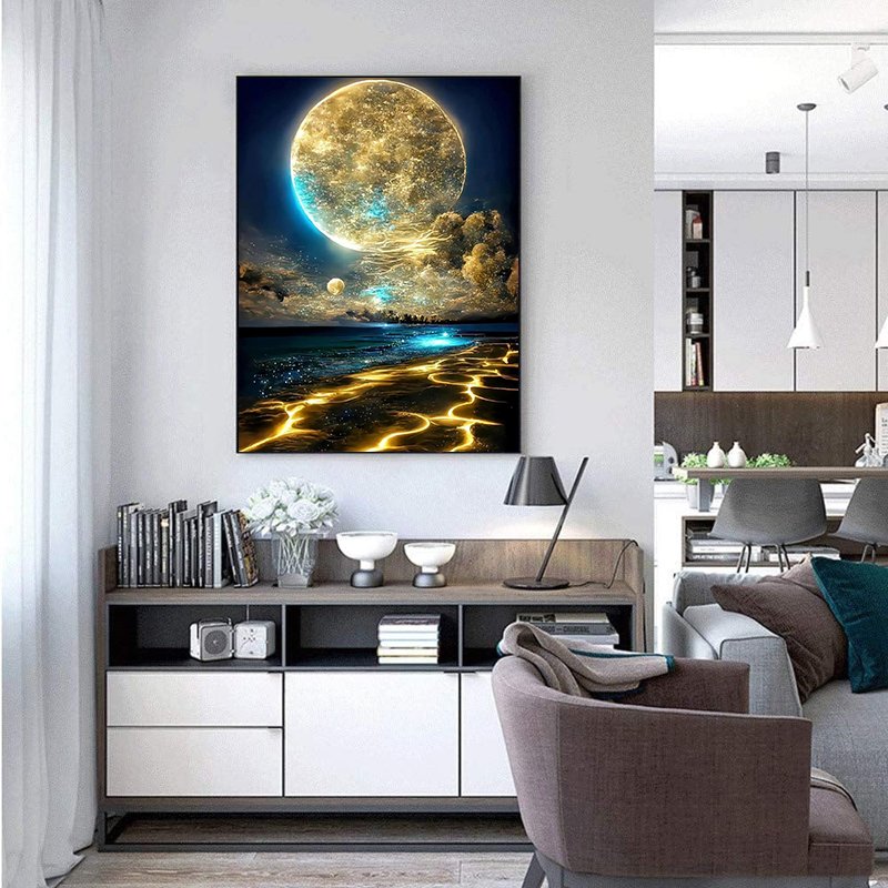 Custom Diamond Painting Kit Moon Fluorescence Beach Landscape Diamond Painting Fairy Dust Beads DIY 5d Diamond Painting