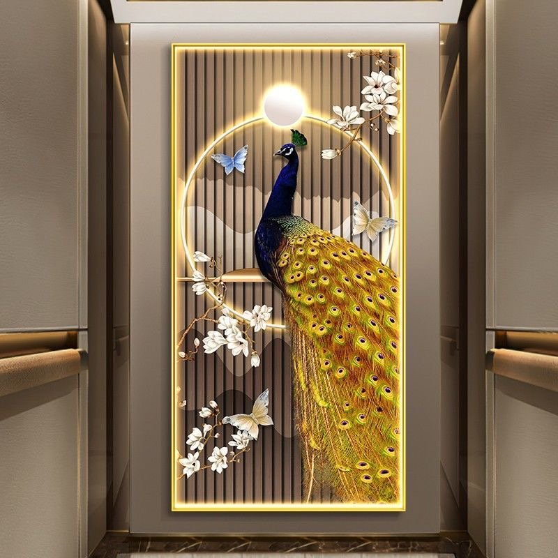Modern Golden Landscape Animal Flowers led framed wall art crystal porcelain diamond glass painting peacock pictures