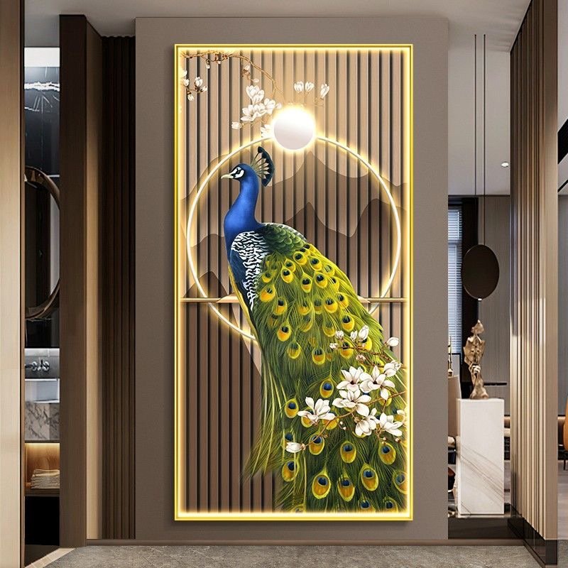 Modern Golden Landscape Animal Flowers led framed wall art crystal porcelain diamond glass painting peacock pictures
