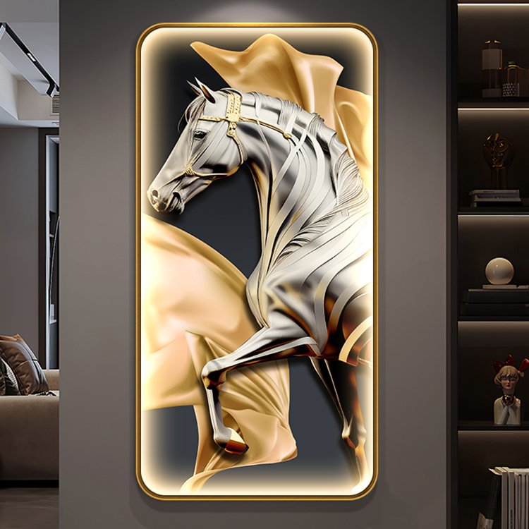 Light luxury round entrance decoration Crystal ceramic glass LED with diamond picture prints frame horse painting wall frame art