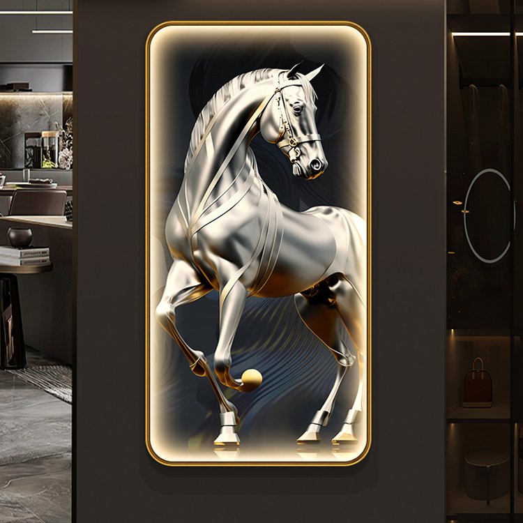 Light luxury round entrance decoration Crystal ceramic glass LED with diamond picture prints frame horse painting wall frame art