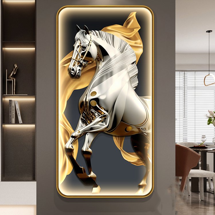 Light luxury round entrance decoration Crystal ceramic glass LED with diamond picture prints frame horse painting wall frame art