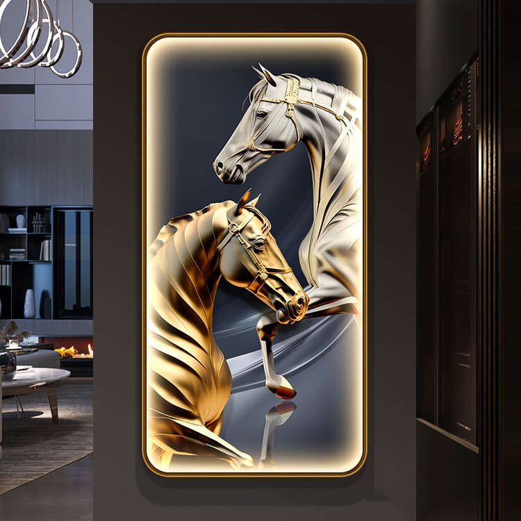 Light luxury round entrance decoration Crystal ceramic glass LED with diamond picture prints frame horse painting wall frame art