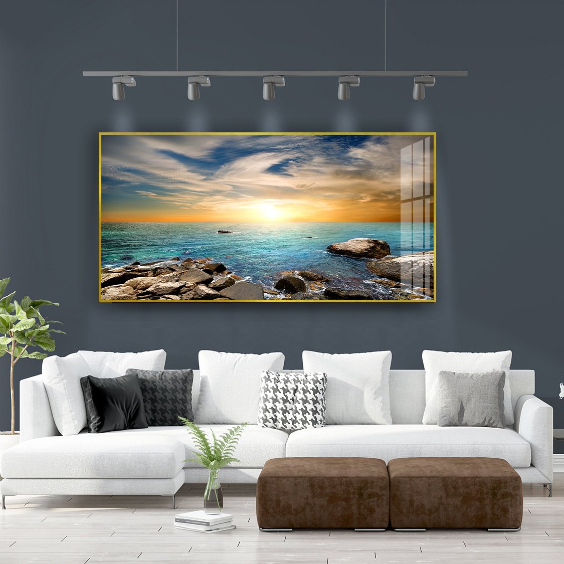 Sea view landscape horizontal minimalist living room decoration painting background wall crystal porcelain painting