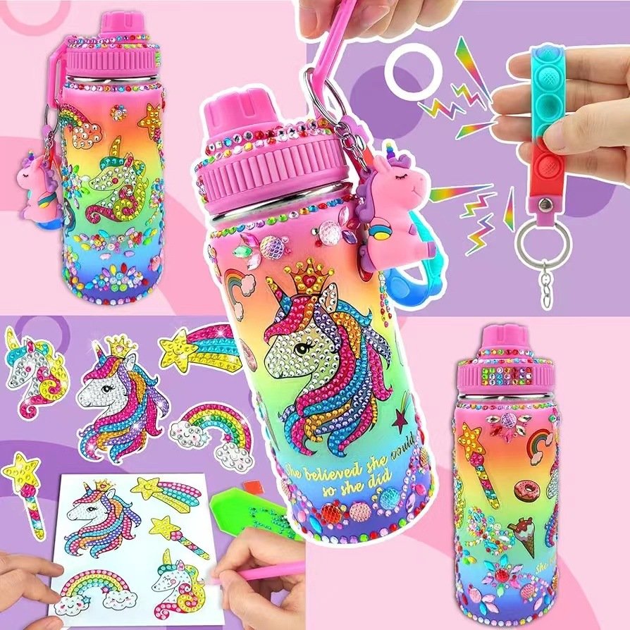 DIY Gem Crafts New Trending Cartoon Kids Adult DIY sparking Diamond Painting Plastic Tumbler Cup Water Bottle With Gem Stickers