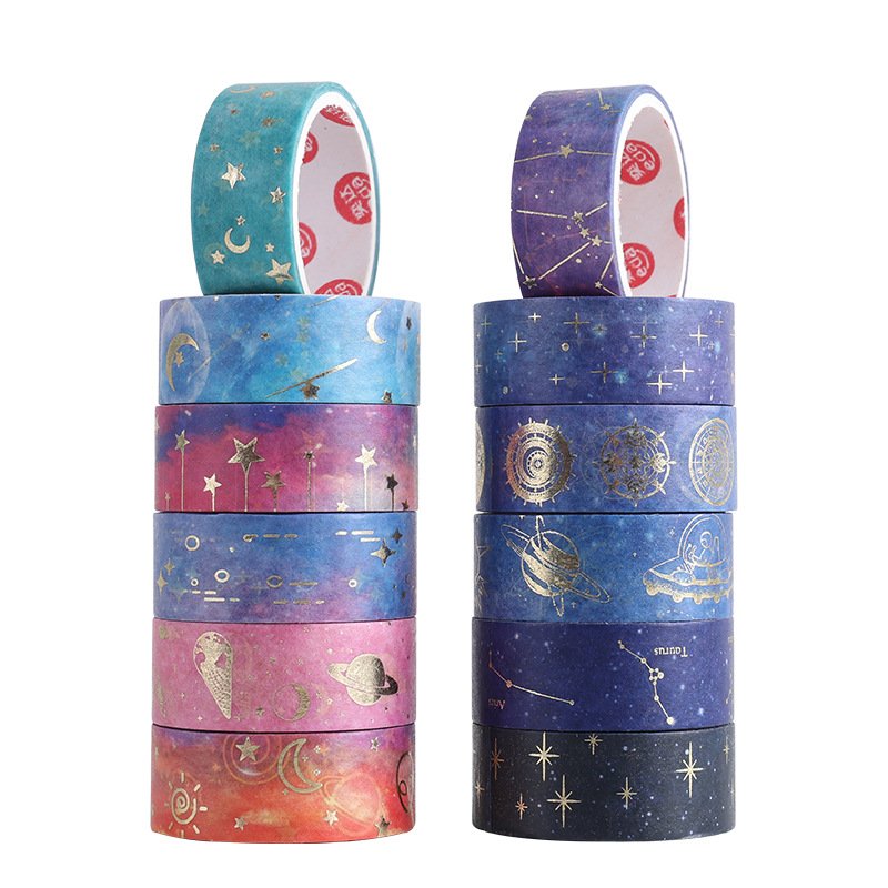 12 Rolls Galaxy Washi Tape,Gold Foil Constellation Washi Masking Tape,Moon Stars DIY Decorative Paper Tape for Gift Wrapping