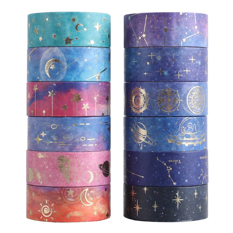 12 Rolls Galaxy Washi Tape,Gold Foil Constellation Washi Masking Tape,Moon Stars DIY Decorative Paper Tape for Gift Wrapping