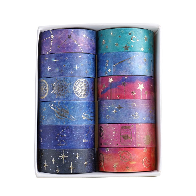 12 Rolls Galaxy Washi Tape,Gold Foil Constellation Washi Masking Tape,Moon Stars DIY Decorative Paper Tape for Gift Wrapping