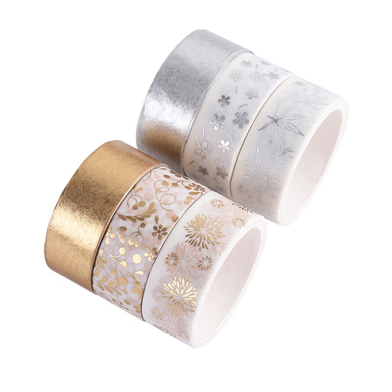 6 Packs Gold Foil Flower Washi Tape Set,Silver Foil Decorative Cute Floral Washi Tape for Diamond Art