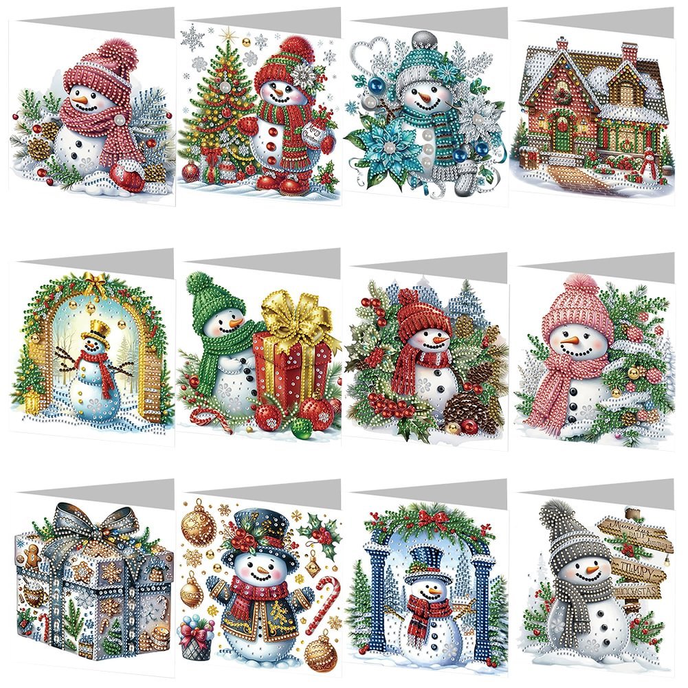 12Pcs Christmas Snowman Diamond Painting Greeting Card Unique Diy Craft Set For Holiday Parties