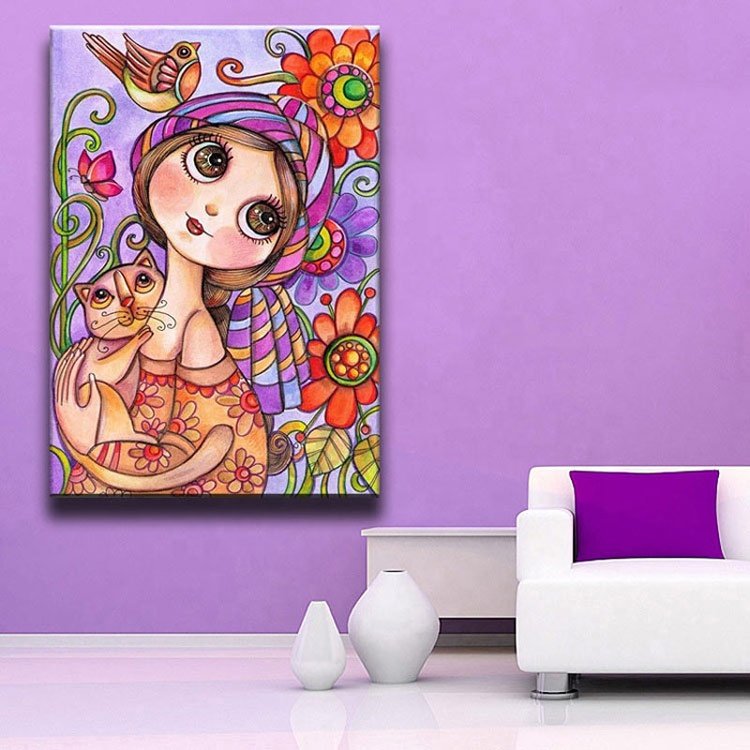 Ever Moment DIY Diamond Painting Cross Stitch Girl and Cat Full Square Drills Artwork ASF1194