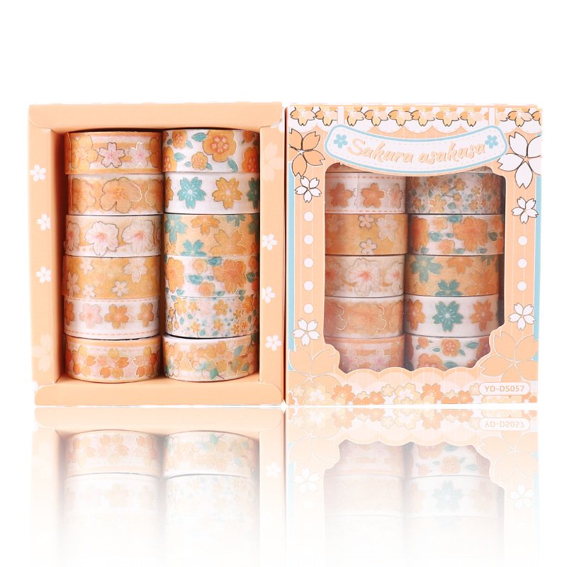 12 Rolls Washi Tape Set,Gold Foil Custe Sakura Washi Tape,Flower Masking Decorative Tape for Adults Kids Diy Crafts