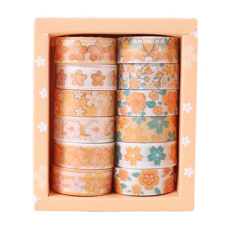 12 Rolls Washi Tape Set,Gold Foil Custe Sakura Washi Tape,Flower Masking Decorative Tape for Adults Kids Diy Crafts