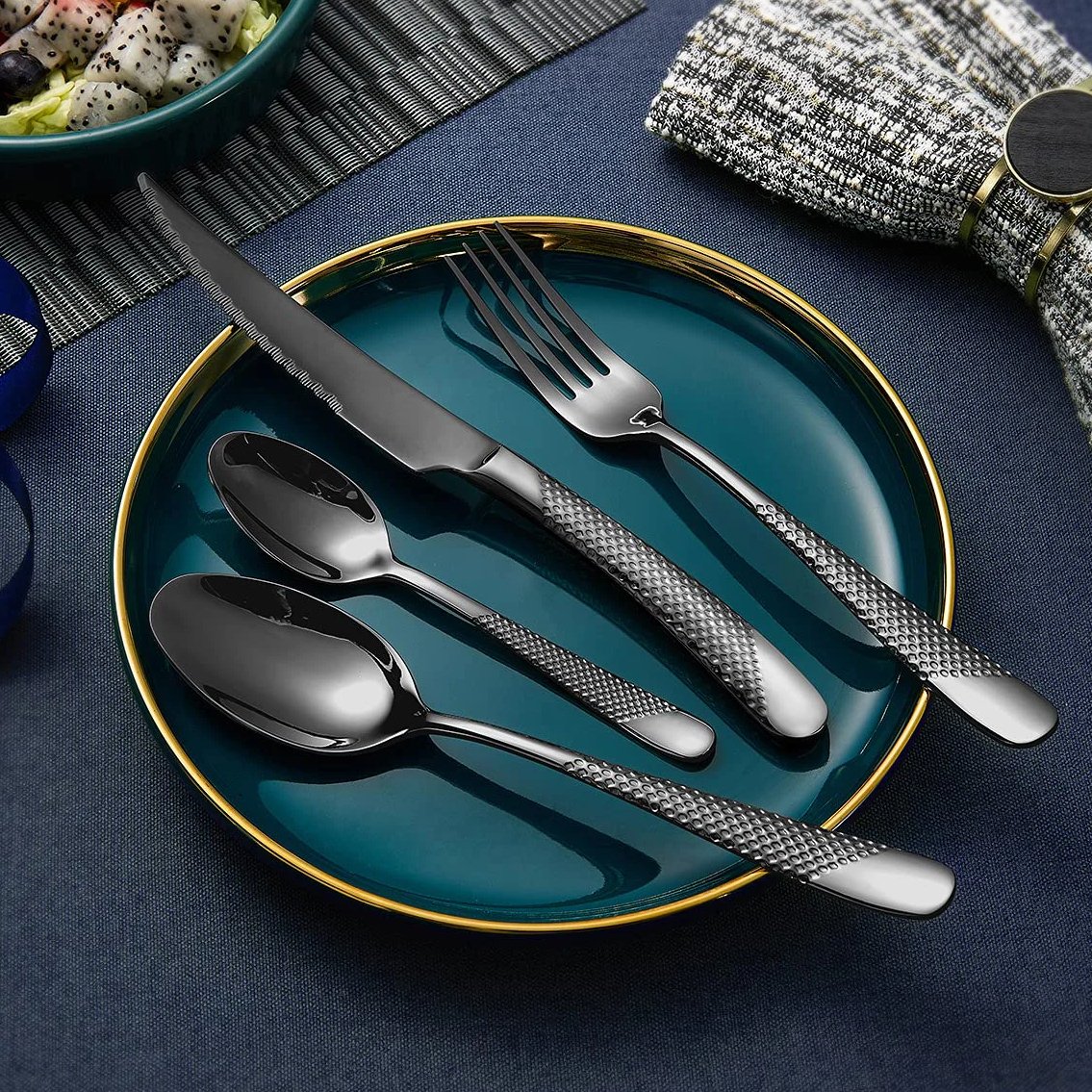 Best Selling Black Retro Royal Silverware Set Golden Cutlery 18/10 Stainless Steel Luxury Flatware