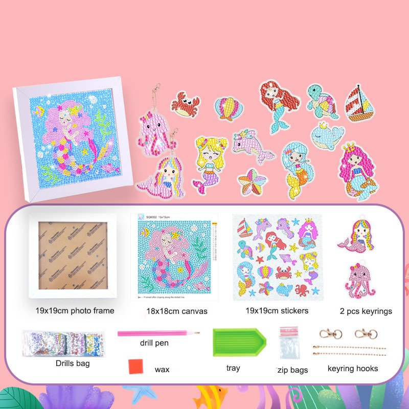 Educational DIY Art Diamond Painting 5D Mermaid Stickers Keychain Mini Photo Frame Set For Kids